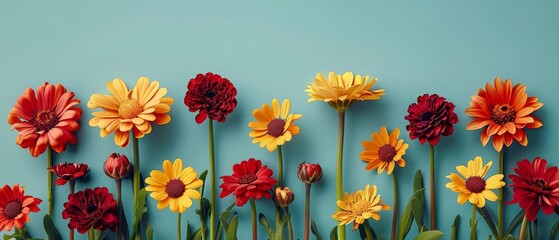   A stunning bouquet of red and yellow flowers against a serene blue backdrop, with elongated stems adding depth to the composition - obrazy, fototapety, plakaty