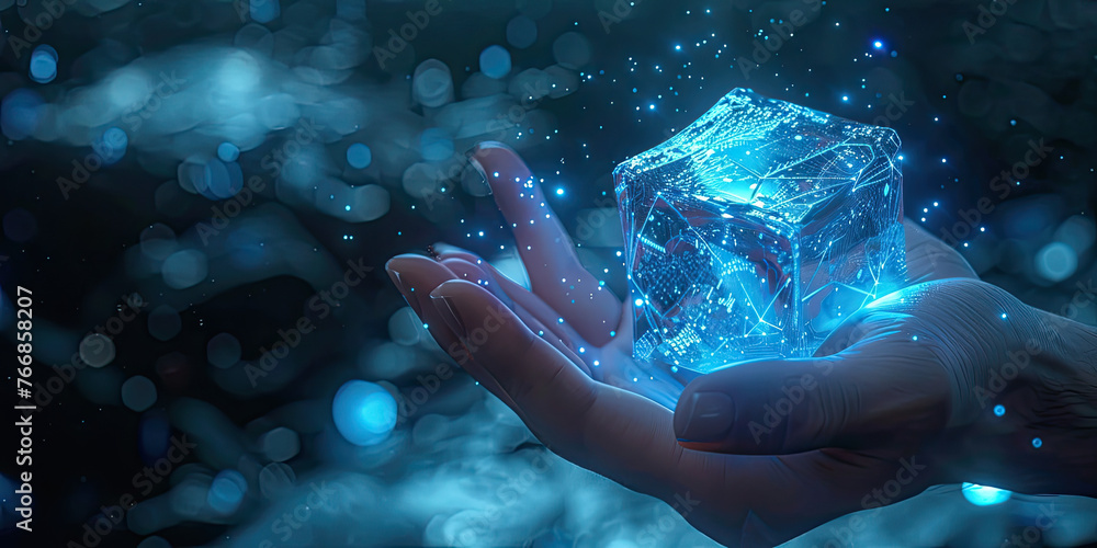 Poster business man hand touch screen hologram with virtual digital blocks and security blockchain technolo