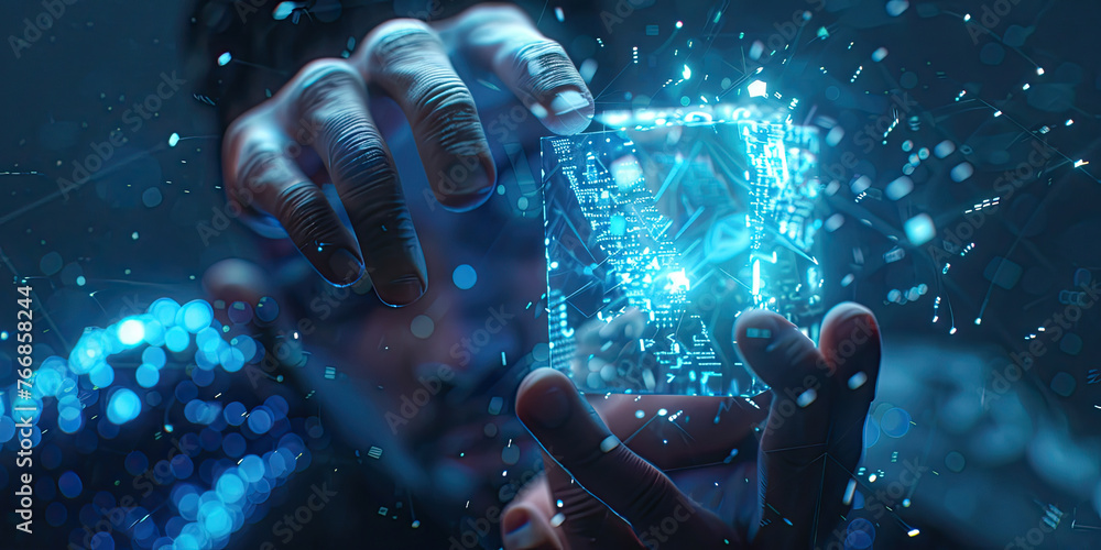 Poster business man hand touch screen hologram with virtual digital blocks and security blockchain technolo