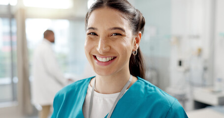 Medical, smile and portrait of nurse in a hospital for healthcare, medicine and employee working in a clinic. Health, care and service by professional woman doctor in surgery or operation room