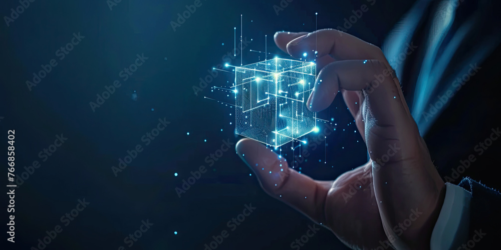 Poster business man hand touch screen hologram with virtual digital blocks and security blockchain technolo