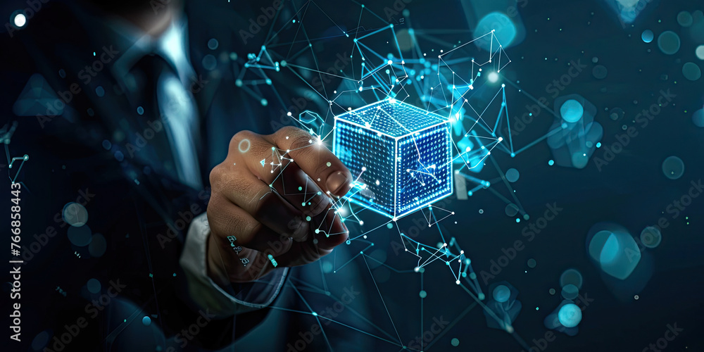 Poster business man hand touch screen hologram with virtual digital blocks and security blockchain technolo