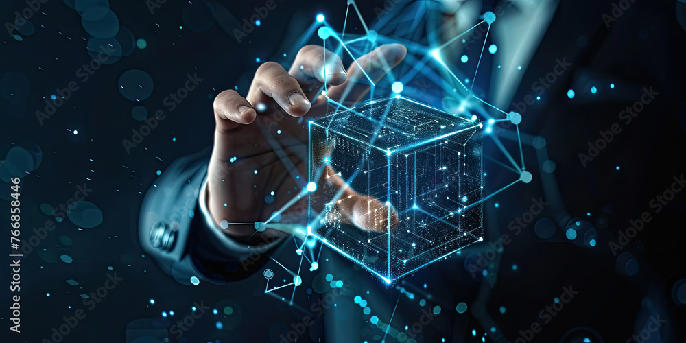 Aufkleber business man hand touch screen hologram with virtual digital blocks and security blockchain technolo