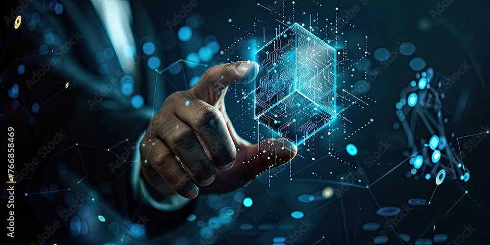 Poster business man hand touch screen hologram with virtual digital blocks and security blockchain technolo