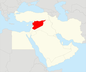 Red simple CMYK blank political map of SYRIA with black national country borders on gray  continent background and blue sea surfaces using orthographic projection of the highlighted beige Middle East