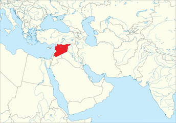 Red detailed CMYK blank political map of SYRIA with black national country borders on white continent background, blue sea surfaces and rivers using orthographic projection of the Middle East