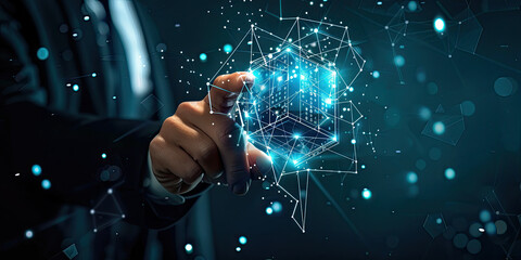 Fototapeta na wymiar Business man Hand touch screen hologram with virtual digital blocks and security blockchain technology idea concept design