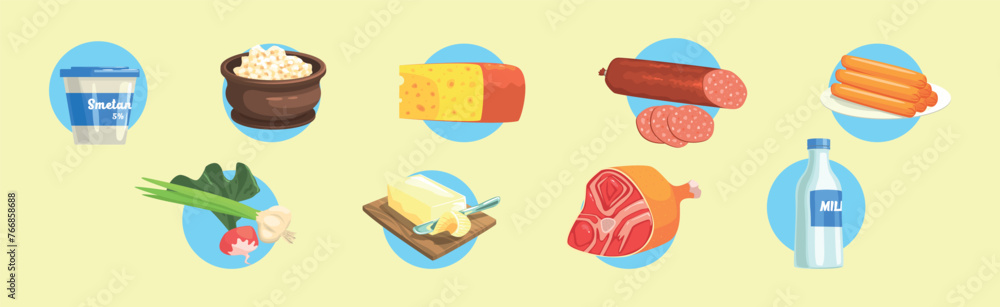 Poster food object and item from grocery store vector set