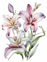 Lilly watercolor painting background, bouquet of lilly on white background