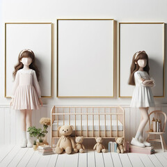 Mock up three frame in the children's room with toys, 3d render