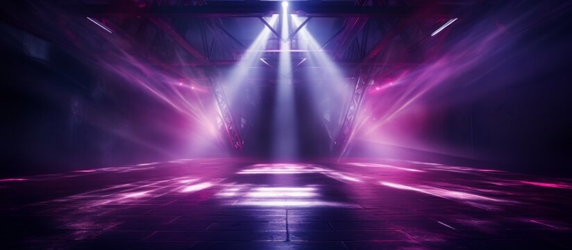 A dimly lit room with purple liquid lights cascading from the ceiling creates a mesmerizing visual effect, perfect for entertainment or performing arts events