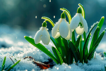 Snowdrop flowers with rain drops and snow flakes grow in the snow, springtime - 766858808
