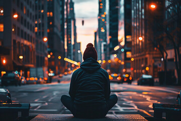 Mindfulness moment overlooking the city. Person sitting and mediation in urban street. - obrazy, fototapety, plakaty