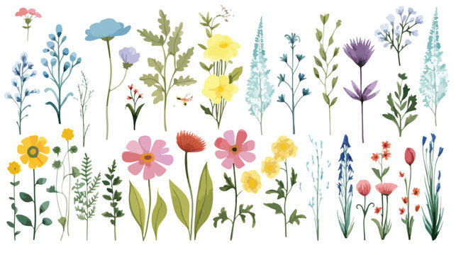 Watercolor Wild Flowers Flat vector isolated on white background 
