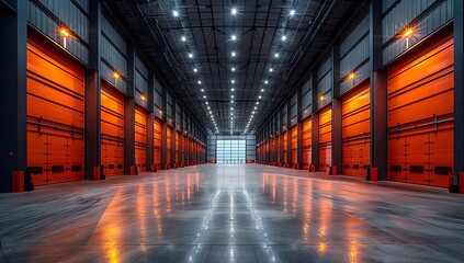 A spacious warehouse featuring electric blue fixtures, parallel glass doors, and a composite material flooring in shades of orange with symmetrical lines