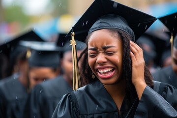 
A candid moment of a girl graduate shedding tears of joy as they reflect on their journey - obrazy, fototapety, plakaty