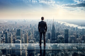 Businessman standing on the top of a skyscraper and looking at the city