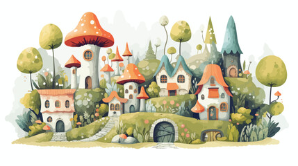 Whimsical Fairy Village Flat vector isolated on white background 