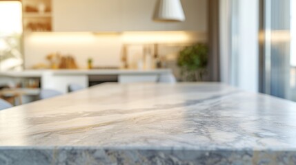 A detailed view of a marble countertop intricate patterns with a beautifully illuminated kitchen and open shelving in the soft-focused background