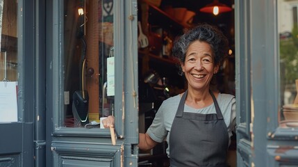 portrait of a smiling woman at the doorway of her coffee shop, cheerful mature waitress in grey apron ready to welcome clients
