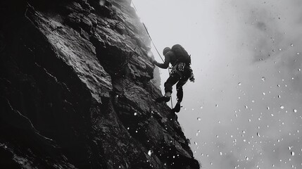 man exhibiting unwavering strength and power while climbing a steep mountainside, showcasing determination and the spirit of never giving up