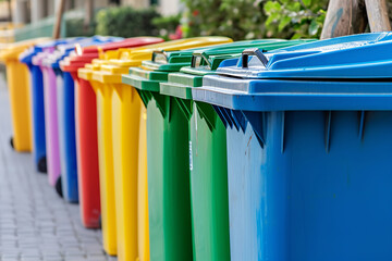 A row of colorful trash cans. Colorful dustbin for recycle glass can trash in city. Environmental eco safe Conservation