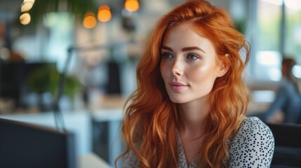 Obraz premium Young professional woman with red hair, working in an office, her fitted blouse adding a touch of confidence and professionalism