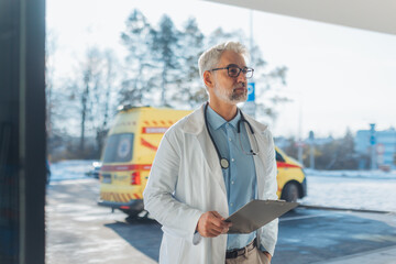 Portrait of doctor in hospital corridor. Handsome doctor with gray hair wearing white coat,...