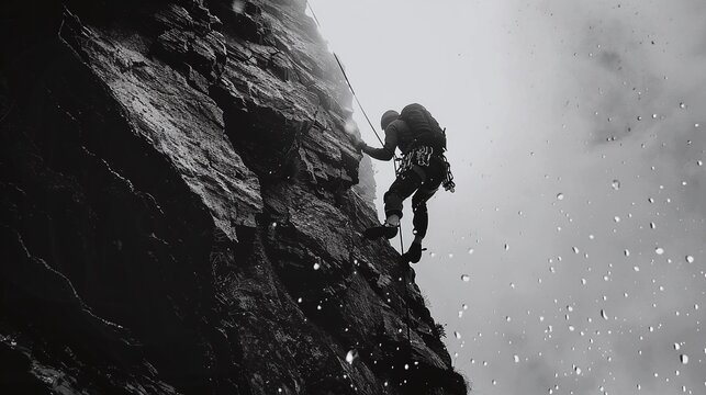 man exhibiting unwavering strength and power while climbing a steep mountainside, showcasing determination and the spirit of never giving up