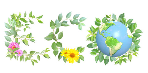 Earth day. Word eco made from branches with green leaves and planet. Ecology, go green, environmental and conservation protection. Concept of global warming, climate change. Isolated on white. 3d
