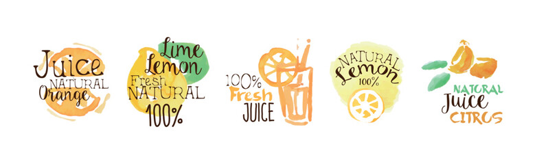 Juice and Fresh Watercolor Hand Drawn Label Vector Set
