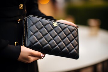 Close-up photo of a black wallet with gold details, showcasing wealth and status, Mob Wife Style