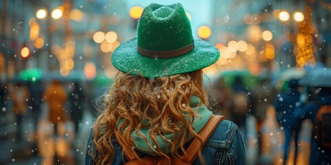 A woman in a green hat and backpack strolls down a rainy street, adding a touch of fun to the gloomy weather with her vibrant fashion accessory - obrazy, fototapety, plakaty