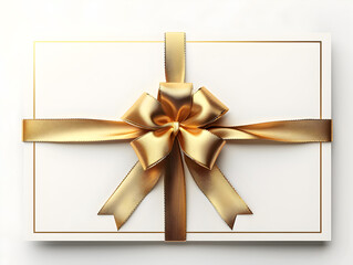 A white gift voucher with a gold ribbon and bow, isolated on a white background. It can be used for promotions, discounts, and special occasions.