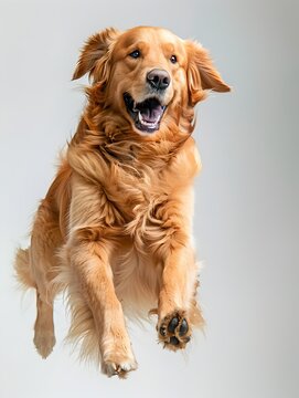 Energetic golden retriever dog happily playing and having fun outdoors in natural setting