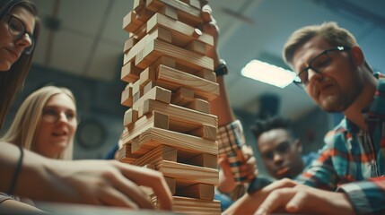 Business team colleagues playing jenga board game together, holding tower building, high stack of wooden blocks from falling, dealing with challenge, risk, teamwork and teambuilding skills.