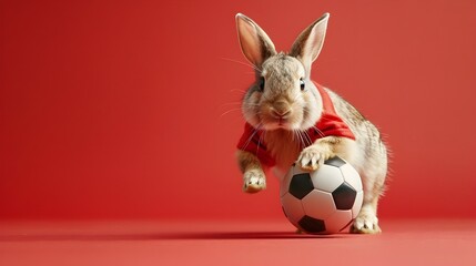 Obraz premium Energetic Rabbit Soccer Player Celebrates Triumphantly with Ball on Red Background