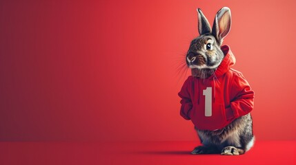Adorable Rabbit Dressed in Red Coat Posing in Studio Setting