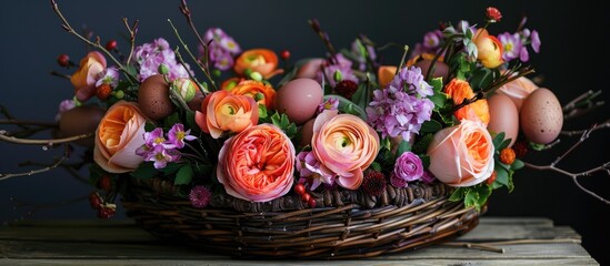 Obraz na płótnie Canvas Easter egg basket adorned with flowers