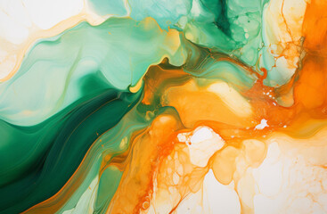 Abstract artwork: A swirling green and orange design on a white background. Ideal for modern art or design projects