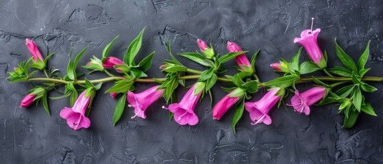   A collection of vibrant pink blossoms graces a dark wooden surface alongside a lush, green foliage plant
