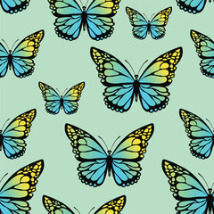 Seamless pattern with funny colorful Butterflies, flowers. Color flat vector illustration for invitation, poster, card, textile, fabric. Butterfly graphic design print. Trendy animal motif wallpaper