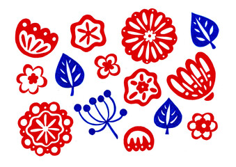 Set of decorative flowers and leaves on a white background. The flowers are red. The leaves are blue. Different shapes and sizes. They consist of circles, waves, petals. Printmaking style.