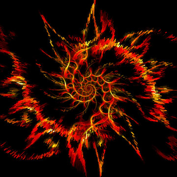 open spiral on a black background in glowing red and orange fiery colours