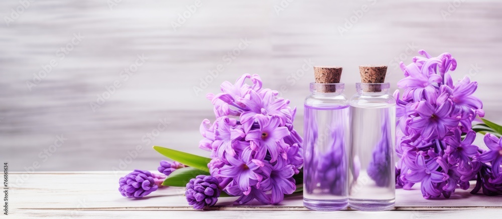 Poster a beautiful arrangement of purple flowers and bottles of essential oil on a table, creating a serene