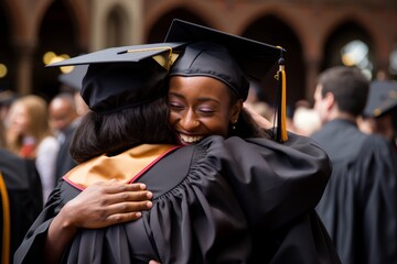 Heartfelt embrace between a male graduate and their female mentor, expressing gratitude for their support