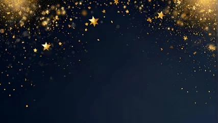 Fototapeten Abstract background with Dark blue and gold particle. New year, Christmas background with gold stars and sparkling. Christmas Golden light shine particles bokeh on navy background. Gold foil texture © Badi
