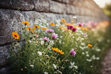 A floral arrangement of wildflowers arranged vertically along a wall or neatly arranged on a surface. Natural background - obrazy, fototapety, plakaty