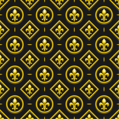 Vector Fleur de Lis Seamless Pattern, repeating background with illustrations of lattice pattern and gold fleur de lis in round and rhomb cells, square poster with french ornament on dark background © mihmihmal