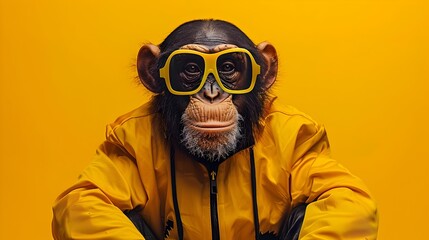 Surreal of Monkey in Hockey Gear on Shiny Yellow Background - obrazy, fototapety, plakaty